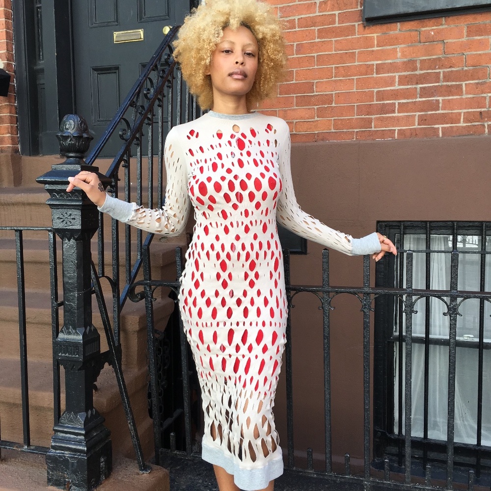 ALEXA STARK ORIGINIAL EYELET HANDPRINTED COTTON JERSEY DRESS